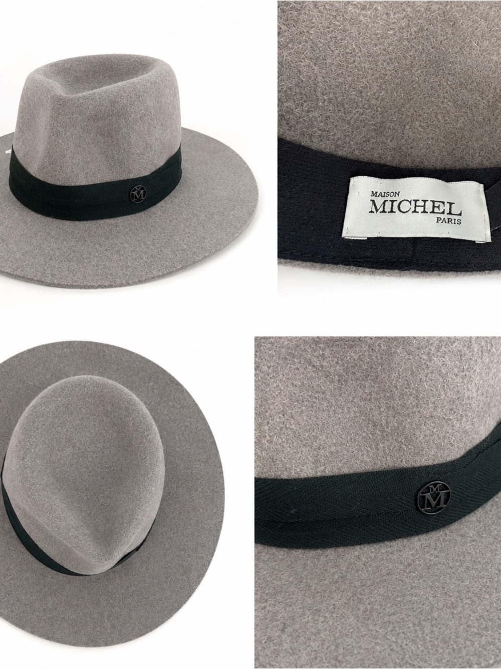 Maison Michel Paris Grey Wool Fedora Hat with Green Band